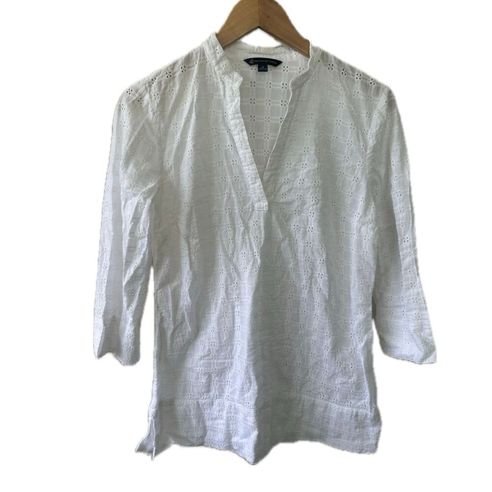 Brooks Brothers 100% Cotton Eyelet Lace Semi Sheer Split Neck Tunic Blouse M